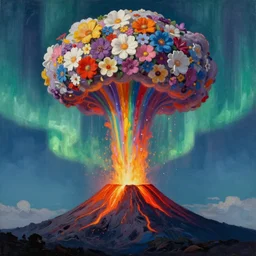 volcano erupting thick upward rainbow blast with a nuclear mushroom cloud made of flowers at the top, aurora borealis, single point perspective, oil painting