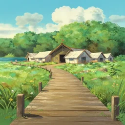 a wholesome animation key shot of a cute empty summer camp near lake, walkway, studio ghibli, pixar and disney animation, sharp, rendered in gouache painting, anime key art by greg rutkowski, bloom, dramatic, dynamic lighting