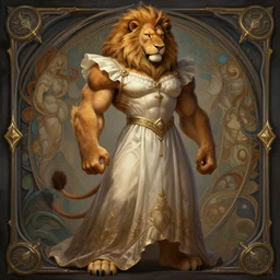 full body photograph of a muscular male anthropomorphic lion man fursona wearing a pretty dress, deep focus, intricate, elegant, highly detailed, digital painting, artstation, concept art, matte, sharp focus, illustration, d & d, fantasy, hearthstone, art by artgerm and greg rutkowski and alphonse mucha