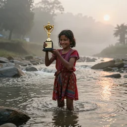 award winning photo of a nepali village girl, bathing in a river, early morning, foggy, sunlight