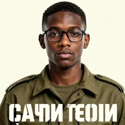 propaganda poster, close - up, male african - american teenager, glasses, high - top haircut, militia outfit, russian lettering