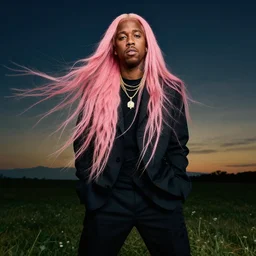 a photo of kayne west ( ( with pink long hair ) ), studio photo, dynamic lighting, hdr, award winning photography, stunning scenery
