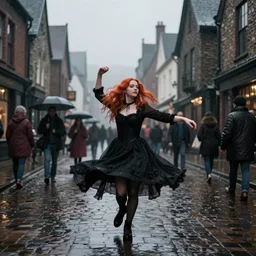 a girl with red hair is dancing in an open up and crowdly street of gothic town, raining