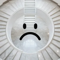 clear circle, sad face, endless stairs, marble floor