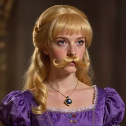portrait of a princess with a purple dress, blonde hair and bangs, side pigtail, necklace space with a big moustache, concept art, moustache, fantasy, highly detailed, cinematic lighting, digital painting by greg rutkowski