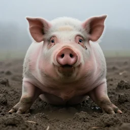 photograph of the world's fattest pigman emerging from a pit of thick grey mud, big teeth, big evil watery eyes, human hands, menacing, foggy atmosphere, directed by mario bava