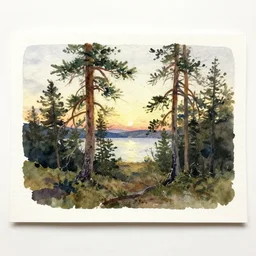 small centered on watercolor paper, paint brush strokes, abstract watercolor painting of scandinavian view, crooked pine trees, twisted, cinematic light, american romanticism by hans dahl, by jesper ejsing, by anders zorn, by greg rutkowski, by greg manchess, by tyler edlin