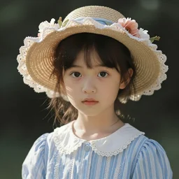 cute girl big eyed with blue striped dress and flowery hat by jean - baptiste monge