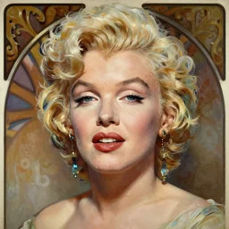 realistic detailed front view portrait of Marilyn Monroe, painted by Mucha