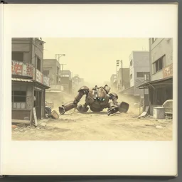artbook artwork, somber, paper texture, movie scene, distant shot of a rusty colossal robot laying down in deserted dusty shinjuku junk town, old pawn shop, bright ground, lurking robot monster in background, dusty, pencil lines, pale yellow sky, graffiti