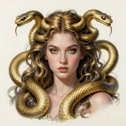 realistic portrait of beautiful scylla with her snakes, golden, delicate, facing camera, hyper realism, 1 4 5 0, ink, ultra realistic, 8 k