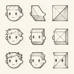 a face multiple angles, game asset sheet, overlay, pencil sketch 8 bit