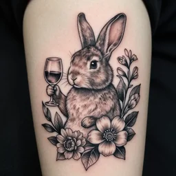 hyperdetailed tattoo stencil, floral anthropomorphic rabbit holding wine glass