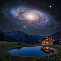 a beautiful astrophotography image of spiral galaxy by hubble in the sky and a night time landscape with mountains, reflecting pool, wooden chalet, lpoty, award winning, apod