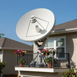a suburbia shot of a house balcony with a big satellite dish shaped like James Webb Space Telescope, some balcony flowers, ultra realistic photo, highly detailed