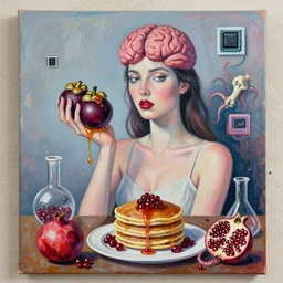apartment of an art student, portrait of a woman holding a brain, mangosteen, honey dripping, berries dripping juice, pancakes, pomegranate, bones, sensual, computer chips, berries, octopus, scientific glassware, neo - expressionism, surrealism, acrylic and spray paint and oilstick on canvas