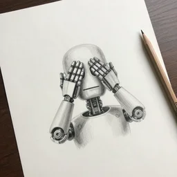 A pencil sketch of A robot covering it's eyes, shading, shadow, on a piece of paper laying on a table, pencil beside the paper,