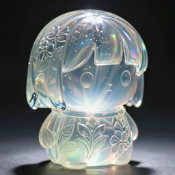Uwu the translucent glass being, side fringe haircut, embossed panel with leaves and flowers, refracting light, caustics, light rays shining through, epic 8k, Zeiss 75mm