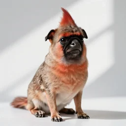 cardinal and pug hybrid sitting in a white room, hyper detail, ultra realistic