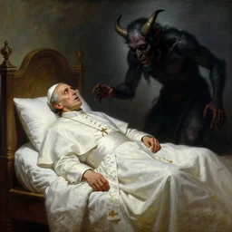 the catholic pope in his bed, terrified, because a horned shadow demon is approaching his bed. highly detailed painting by gaston bussiere, greg rutkowski, craig mullins 8 k