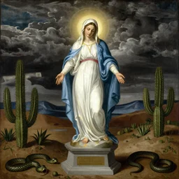 michael angelo painting of a glowing virgin mary standing over a pedestal in a barren land with cactus and serpents. stormy weather. apocalypsis