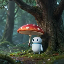a tiny robot holding a mushroom ambrella, under a gaint tree in forest, raining artstation, an epic fantasy, cinematic lighting, hyper realistic, photographic, sharp focus, by greg rutkowski and wolp, studio ghibli