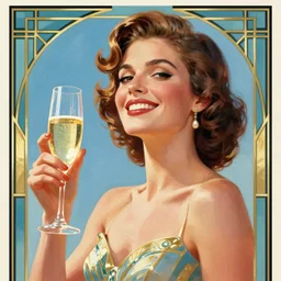 art deco poster, woman with a glass of champagne, cheerful, bright, clear colors