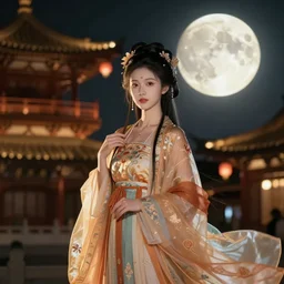 moon a beautiful girl in hanfu mid - autumn festival night hyperdetailed digital illustration dramatic cinematic lighting by wlop and artgerm and greg rutkowski and alphonse mucha ， chinese traditional architecture