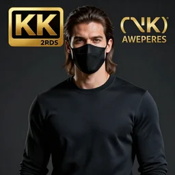 professional fantasy digital art of a young adult man with slightly long hair wearing a black face mask and a form-fitting dark sweatshirt, high quality, HD, 8K, highly detailed, award-winning, dark color palette