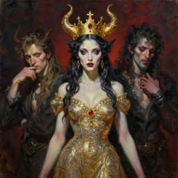 a painting of a female demon with a gold crown, glitter dress, a character oil on canvas portrait by gerald brom and greg rutkowski and antonie collignon, masterpiece, fantasy art, grotesque, artstation hq