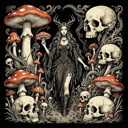 a gothic fairy surrounded by skulls and mushrooms, fantasy graphic novel style, by wendy pini, intricate, fine inking lines, extremely detailed, flat colors