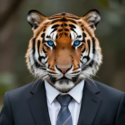high quality portrait photo of an tiger dressed in a business suit and tie, Anthropomorphic portrait, photography 4k, f1.8 bokeh, 4k, 85mm lens, sharp eyes, blue eyes, looking at camera