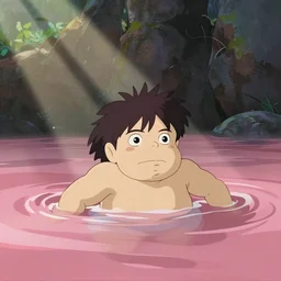 a still from a studio ghibli movie about goofy bathing in pink water
