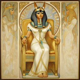 an painting of an egyptian queen on her throne, painted by esben lash and alphonse mucha