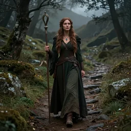 a detailed and enchanting portrait of a female hobbit sorceress on a dark mountain trail, pathfinder portrait, dndart, fantasy portrait, 4 k, hires, art by jack davis and lucian freud and bill ward and artgerm