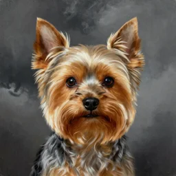 professional painting of a Yorkshire Terrier in the style of Thomas Lawrence, head and shoulders portrait, symmetrical facial features, smooth, sharp focus, illustration, intricate, stormy weather, extremely detailed masterpiece,