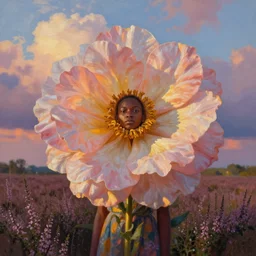 closeup, huge flower head, an african woman in heather field, surreal photography, golden hour, colorful clouds, impressionist painting, digital painting, artstation, simon stalenhag