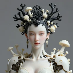 hyper detailed ultra sharp portrait of a beautiful porcelain ivory cyborg warrior, well contoured smooth fair skin, up close shot, sharp focus, global illumination, radiant light, biomechanical black corals headdress made of corals, cyberpunk brackets, mushrooms, puffballs, rhizomorphs, alexandre ferra white mecha, irakli nadar, octane highly render, 4 k,