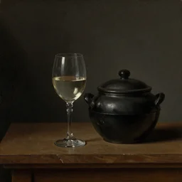 classic baroque still life painting of a wine glass and pot
