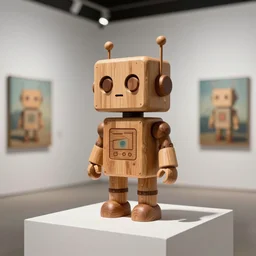 octane render, ultra, 8 k, photorealistic, a wooden art toys on a pedestal, a cute robot wooden, concept art artwork masterpiece, in a contemporary art gallery