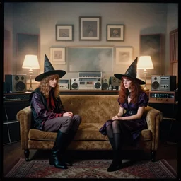 fujifilm velvia 5 0 wetplate award - winning colour portrait of occult dadcore wizards and momcore witches in a bedroom recording studio, 1 9 6 0 s room, 1 9 6 0 s couch, retro hi - fi gear, retro audio recording gear, square picture frames, haze, shining lamps, smoke, fog