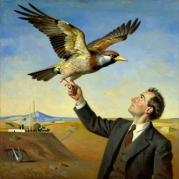 a painting of a bird trying to fly away while a man is holding him back by its foot, in the style of dali