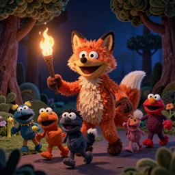 a large fox furby muppet holding a lit torch and herding a bunch of random muppet animals following behind through a dark felt forest at night, sesame street, photograph, photography, ultrarealistic, national geographic