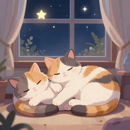 two cute multi - colored calico cats with beautiful eyes sleeping inside a cozy home in the evening, stars shining in the night sky through the window,, artstation, cgsociety, storybook art