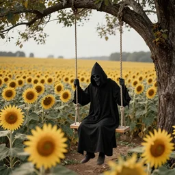 a dreamlike depiction of the grim reaper sitting on a tree swing before a field of sunflowers, legendary grainy 1 8 0 0 photo by greg rutkowski