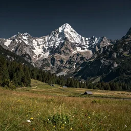 realistic photo of beautiful mountains and field landscape, very sharp focus, dark background, in the style of greg rutswoski, very hyper realistic, highly detailed, fantasy art station