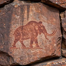rock art carved in stone, hunting for a mammoth