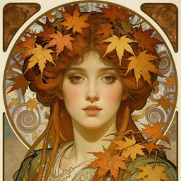 realistic detailed face portrait of a beautiful young medieval queen of Japanese Maple trees by Alphonse Mucha, Greg Hildebrandt, and Mark Brooks, Art Nouveau, spirals, Neo-Gothic, gothic