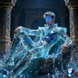 futuristic handsome Nick Jonas as a prince made of glass wearing a hypersonic cape in an onyx aztec temple, reclining, glowing blue face, futuristic, oozing glowing liquid, blue diamonds, very detailed render, cosmic lighting