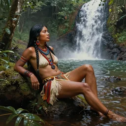 a realistic painting of a fully dressed indigenous female shaman relaxing near a waterfall in the amazon jungle, gazing at the water, highly detailed, art by christophe vacher